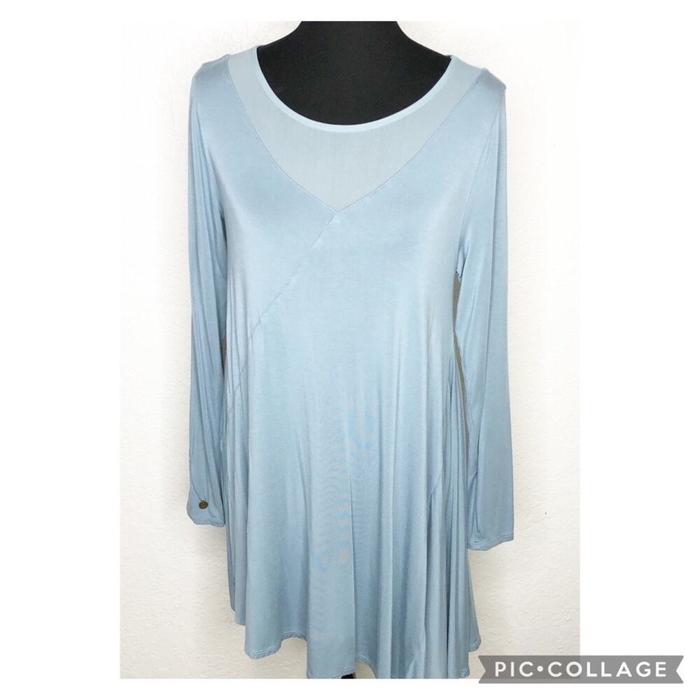 Soft Surroundings blue mesh insert asymmetrical hem knit tunic top Medium